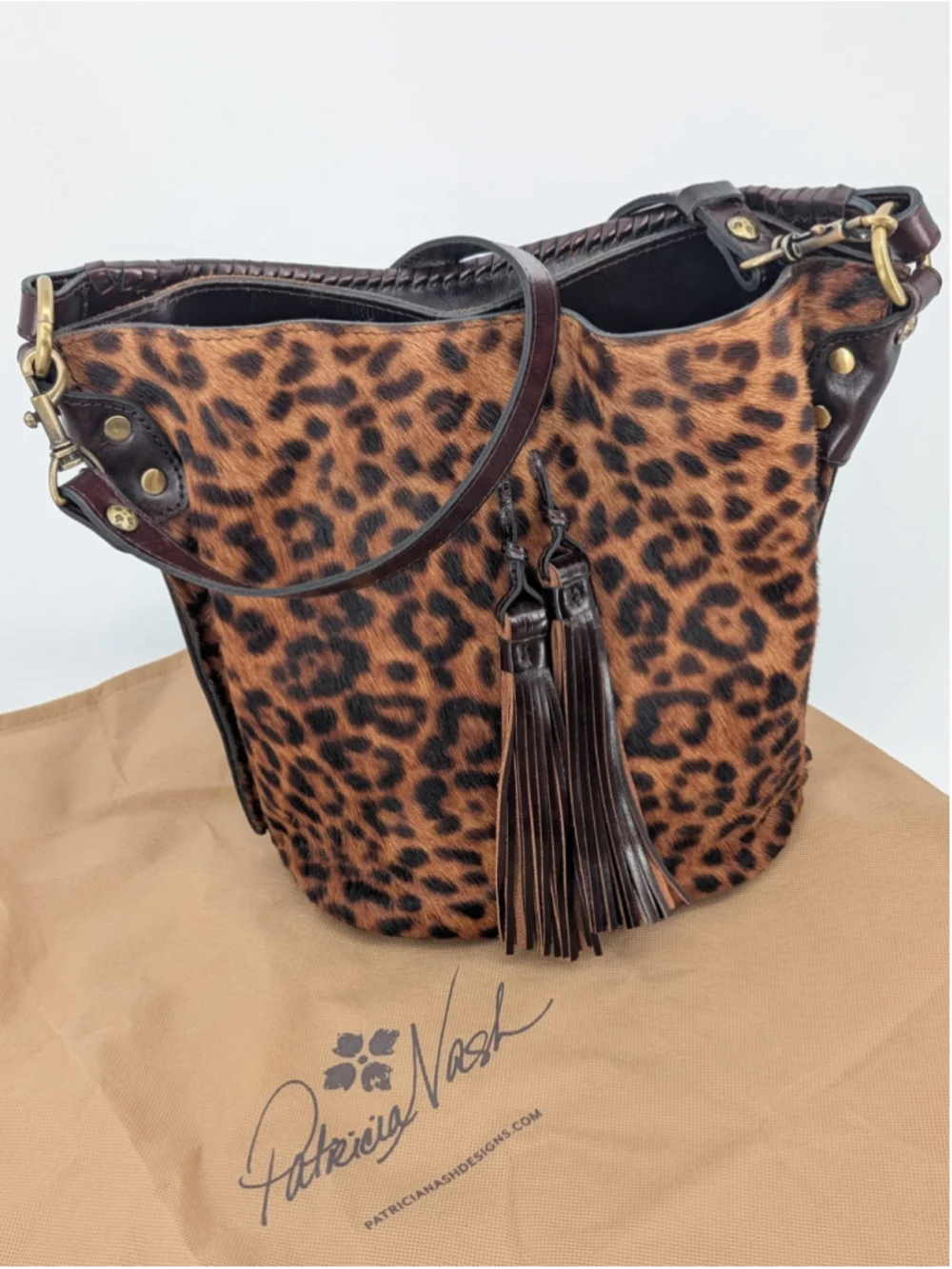 Patricia Nash Torresina Leopard Calf Hair Leather Bucket Bag Crossbody Tassels